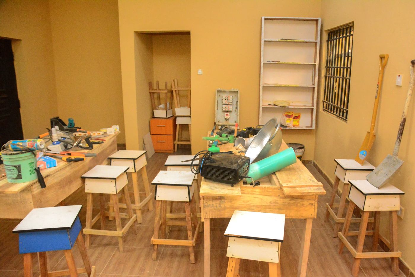 Basic Technology workshop with hand tools and workbenches