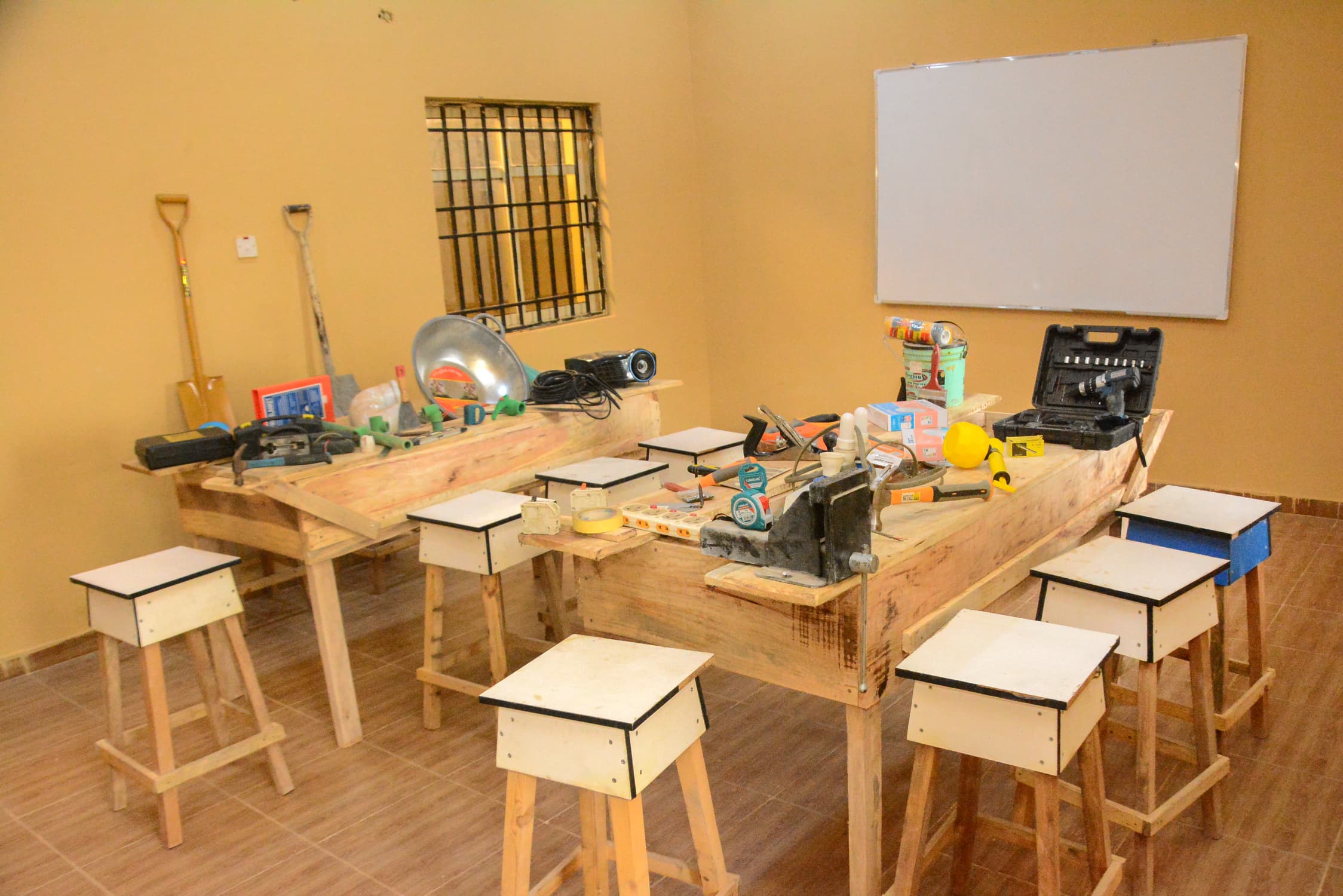 Students building in a technology workshop